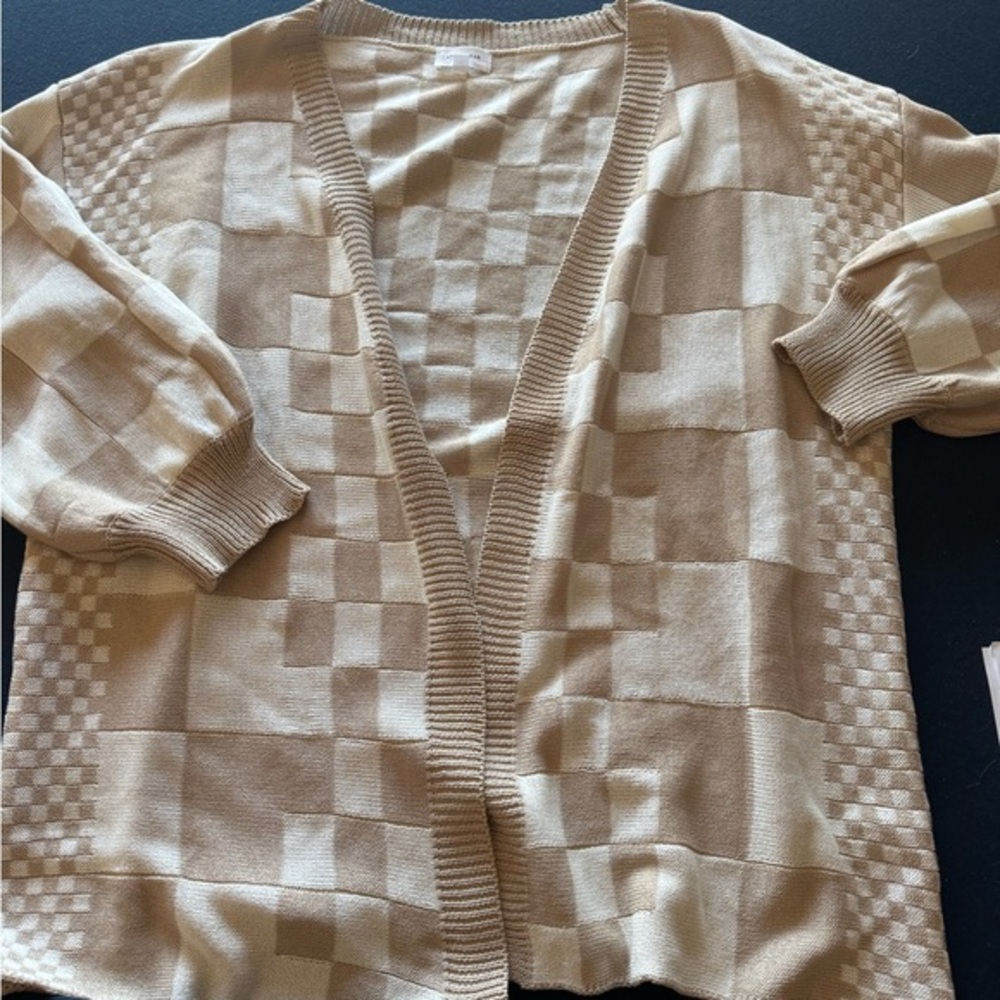 Neutral Checkerboard Cardigan! Very Versatile, Fun Design, Comfy, Cozy, Cute
